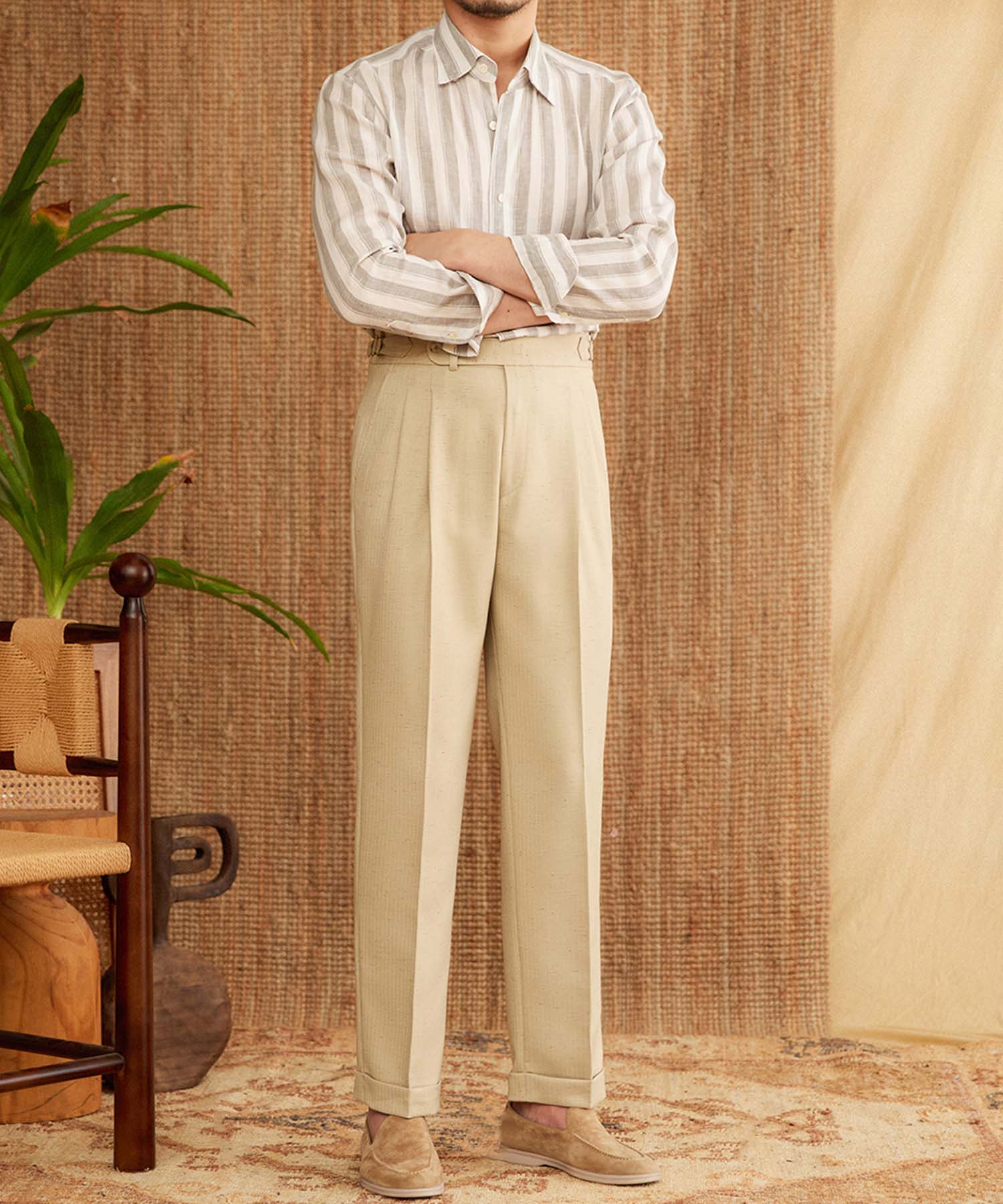 【NEW ITEM】スリムフィット 1つボタン ウエストベルト サイズ調整可能 ツータック クリース シワになりにくい ストレート ダブル トラウザー パンツ スラックス ズボン