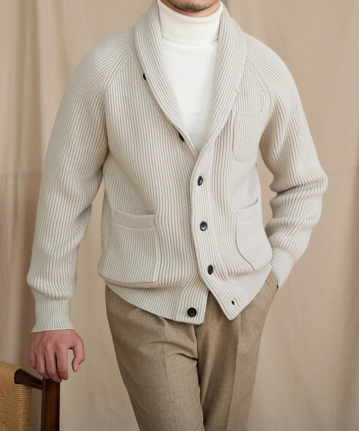 【NEW ITEM】スリムフィット 2WAY 機能性抜群 ウール 天然素材 ショールカラー ローゲージ シワになりにくい 清潔感 トップス リブ ニット セーター