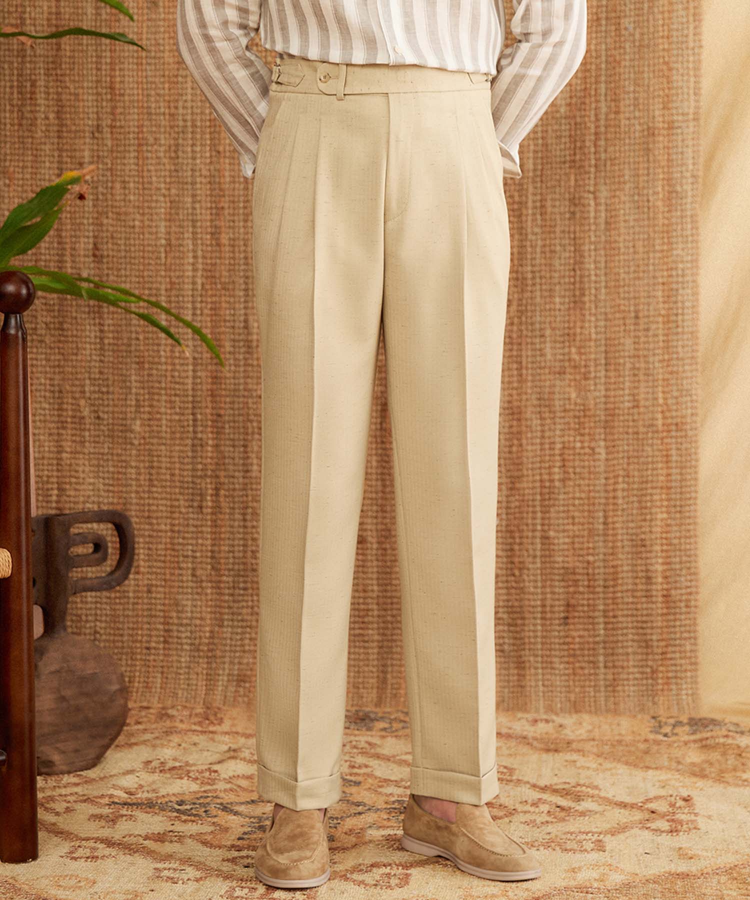 【NEW ITEM】スリムフィット 1つボタン ウエストベルト サイズ調整可能 ツータック クリース シワになりにくい ストレート ダブル トラウザー パンツ スラックス ズボン