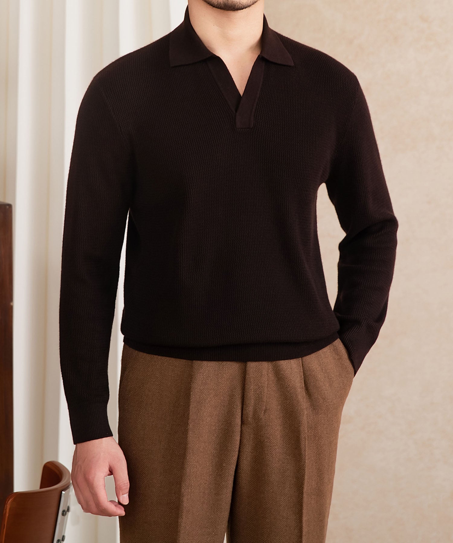 【NEW ITEM】スリムフィット 機能性抜群 襟付き 上品 シワになりにくい スマート トップス ロングスリーブ ポロ リブ ニット セーター