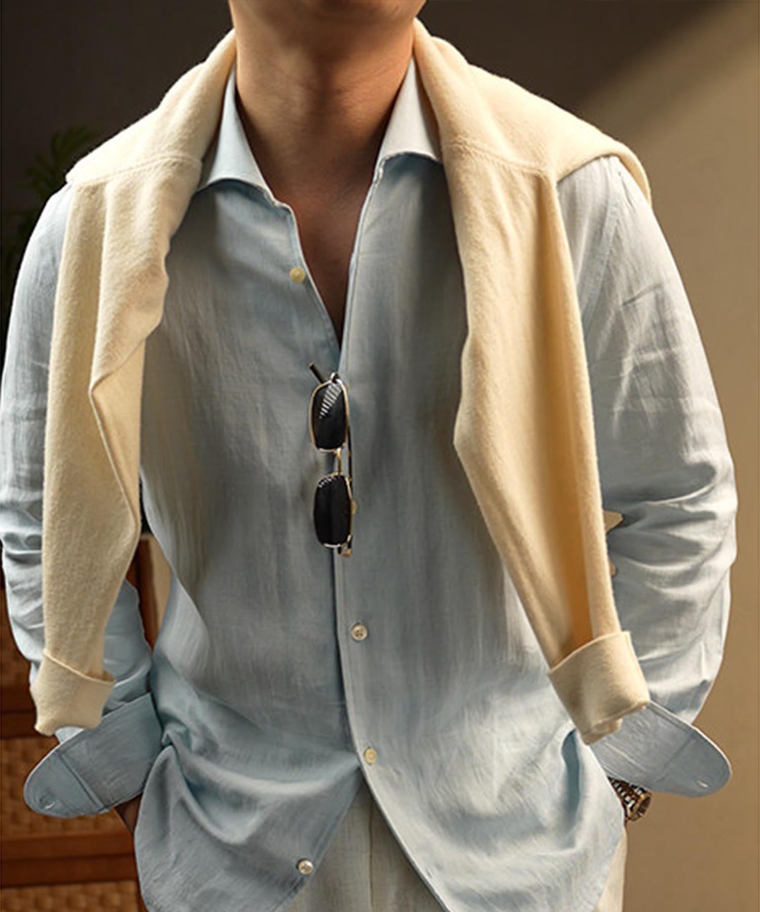 【NEW ITEM】スリムフィット 無地 リネン 異素材ミックス 機能性抜群 シワになりにくい 清潔感 ロングスリーブ ミニマル エレガント スマート シャツ