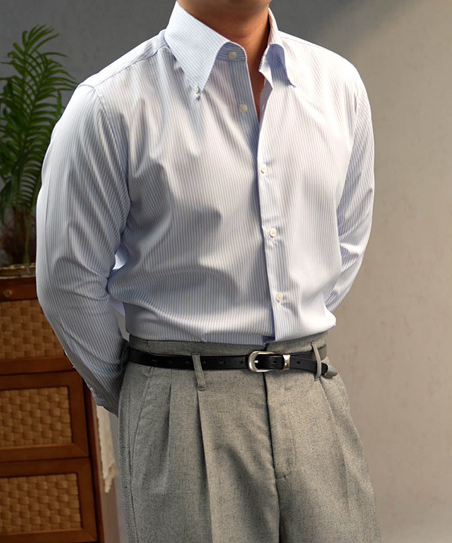 【NEW ITEM】スリムフィット ボタンダウン ストライプ 機能性抜群 シワになりにくい 清潔感 ロングスリーブ ミニマル エレガンス ベーシック シャツ