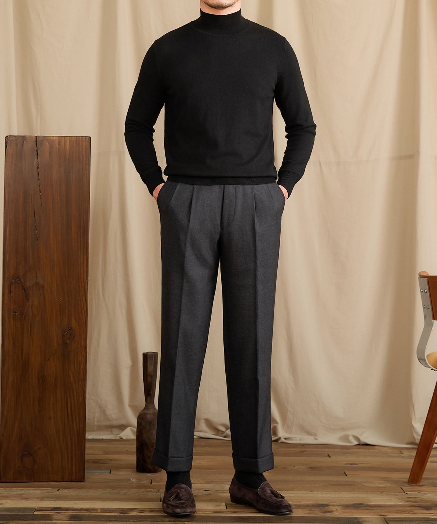 【NEW ITEM】スリムフィット リブ ニット ウール 天然素材 ベーシック 機能性抜群 シワになりにくい モックネック ハイネック ロングスリーブ ニット セーター