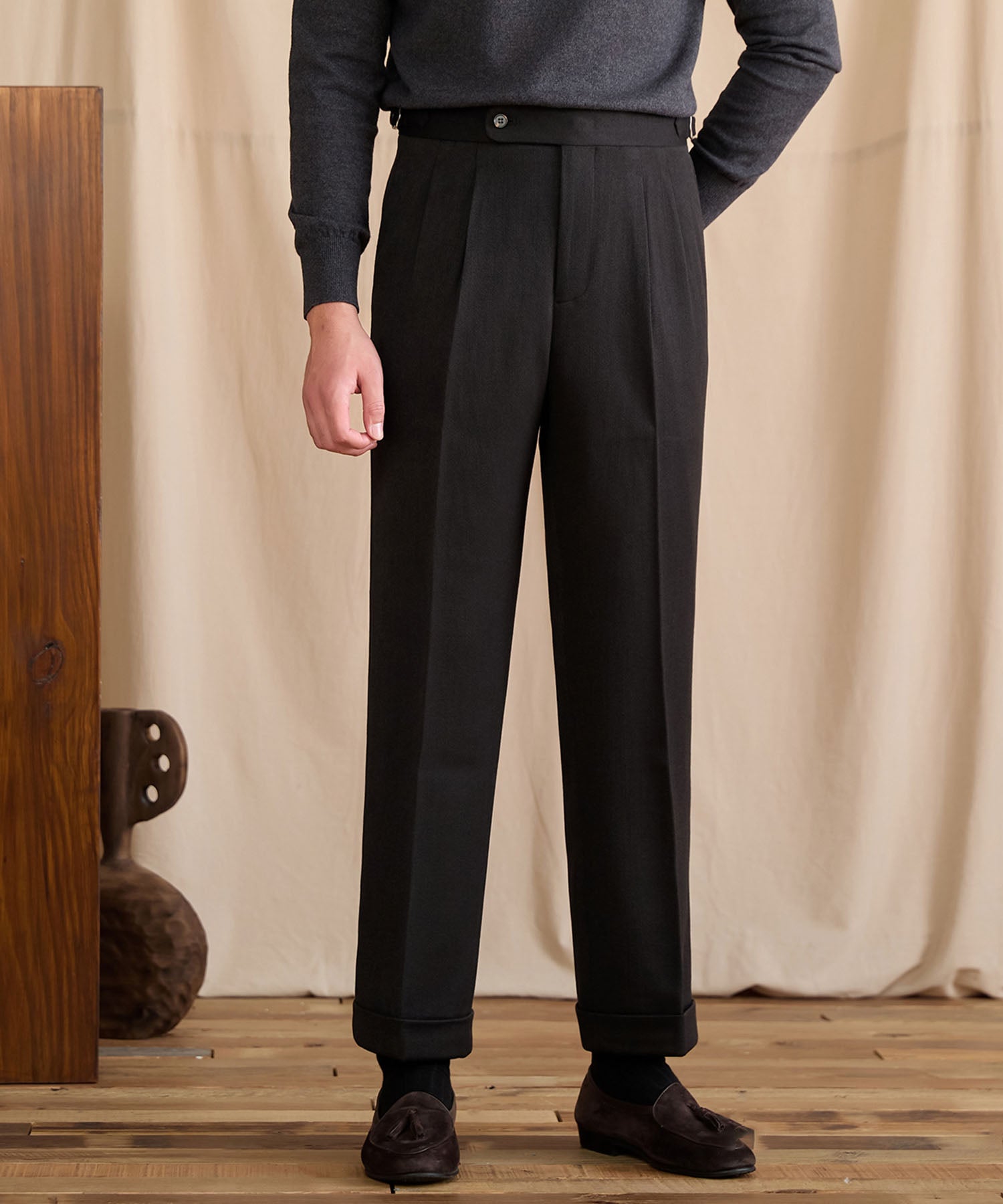 【NEW ITEM】スリムフィット 1つボタン ウエストサイドベルト サイズ調整可能 ウール ツータック クリース シワになりにくい ダブル トラウザー パンツ スラックス ズボン