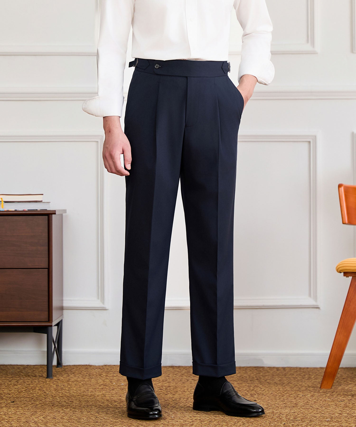 【NEW ITEM】スリムフィット 1つボタン ウエストサイドベルト ベルトレス サイズ調整可能 タック クリース シワになりにくい ダブル トラウザー パンツ スラックス ズボン