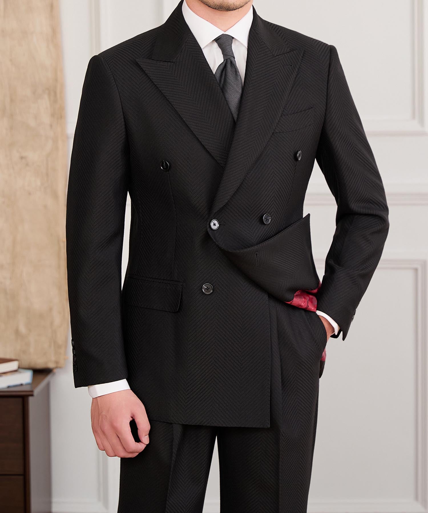 【NEW ITEM】スリムフィット ダブルブレスト 6つボタン ピークドラペル フラップポケット 織柄 クラシック スタンダード 機能性抜群 シワになりにくい エレガント セットアップ