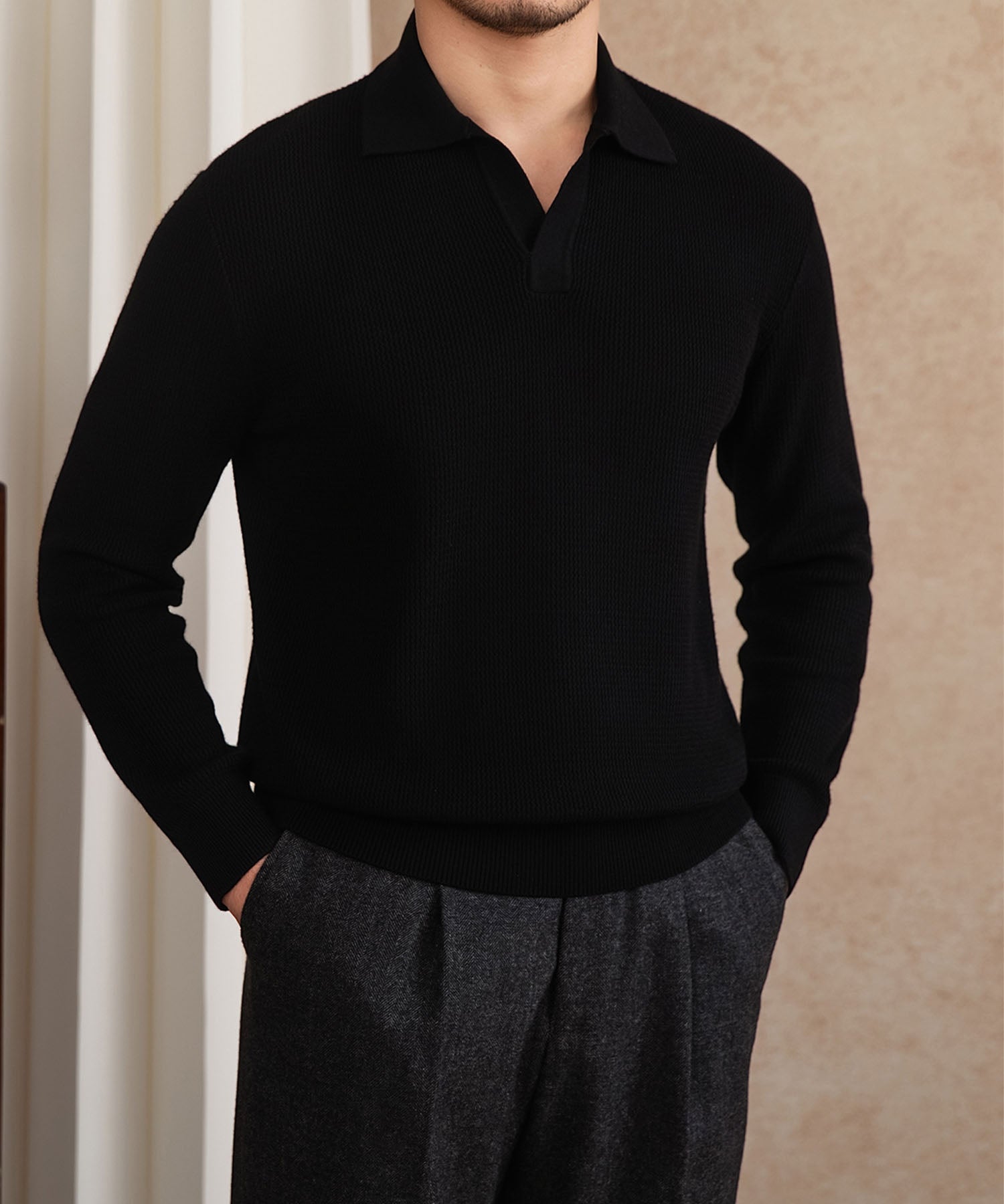 【NEW ITEM】スリムフィット 機能性抜群 襟付き 上品 シワになりにくい スマート トップス ロングスリーブ ポロ リブ ニット セーター