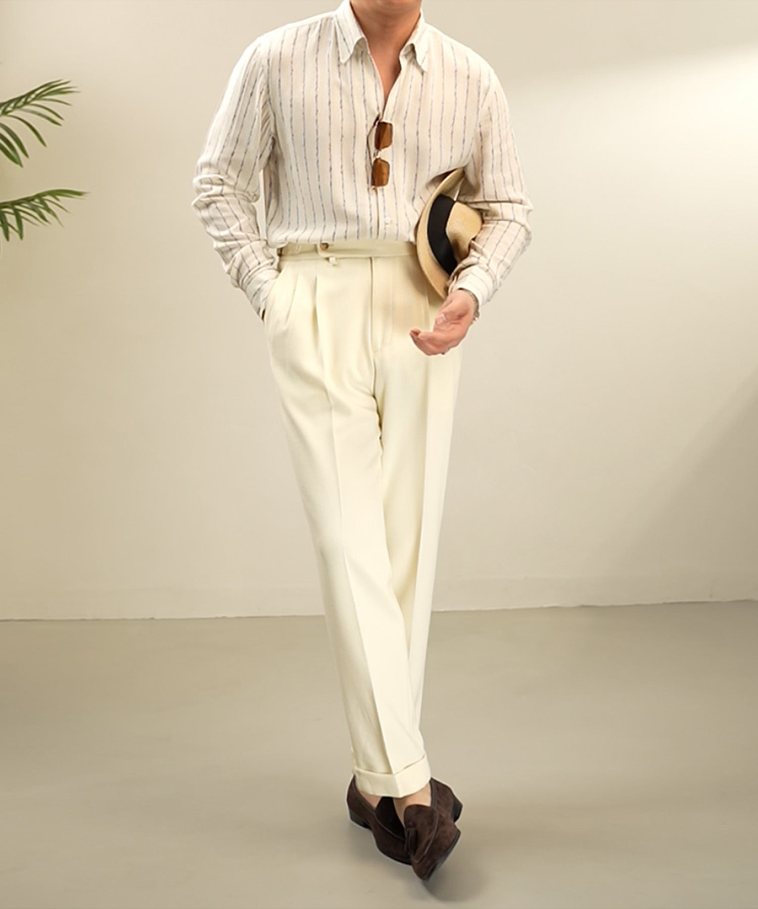 レギュラーフィット 機能性抜群 麻 ストライプ フリーハンド風 通気性抜群 シワになりにくい スタンダード ロングスリーブ シャツ