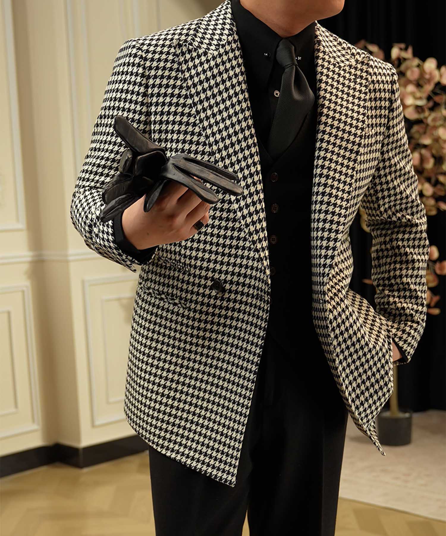 スリムフィット ダブルブレスト 2つボタン 千鳥格子 玉縁ポケット 機能性抜群 シワになりにくい ピークドラペル モダン テーラード ジャケット