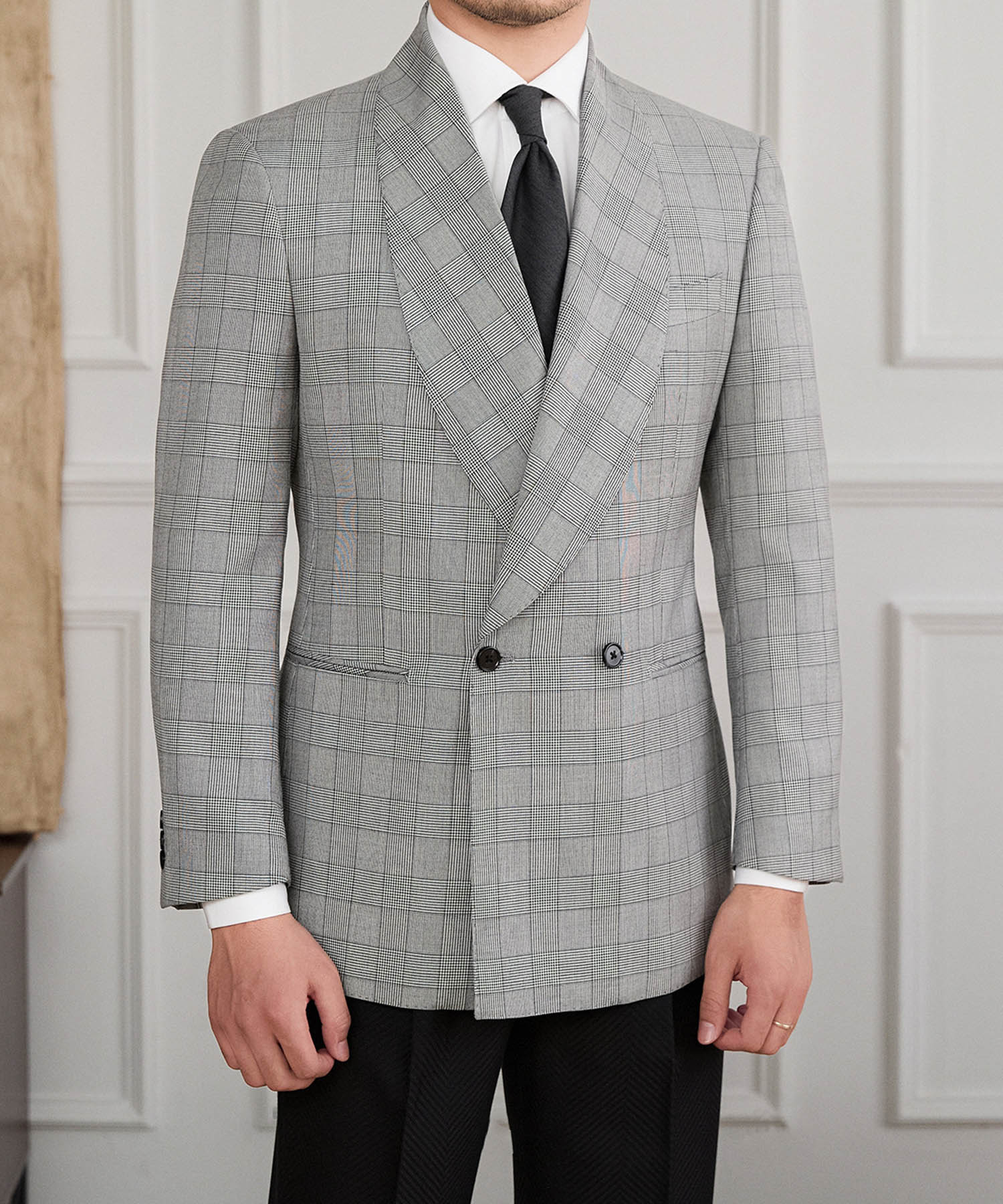 スリムフィット ダブルブレスト 2つボタン グレンチェック 柄 ショールカラー 玉縁ポケット クラシック スタンダード 機能性抜群 シワになりにくい エレガント テーラード ジャケット