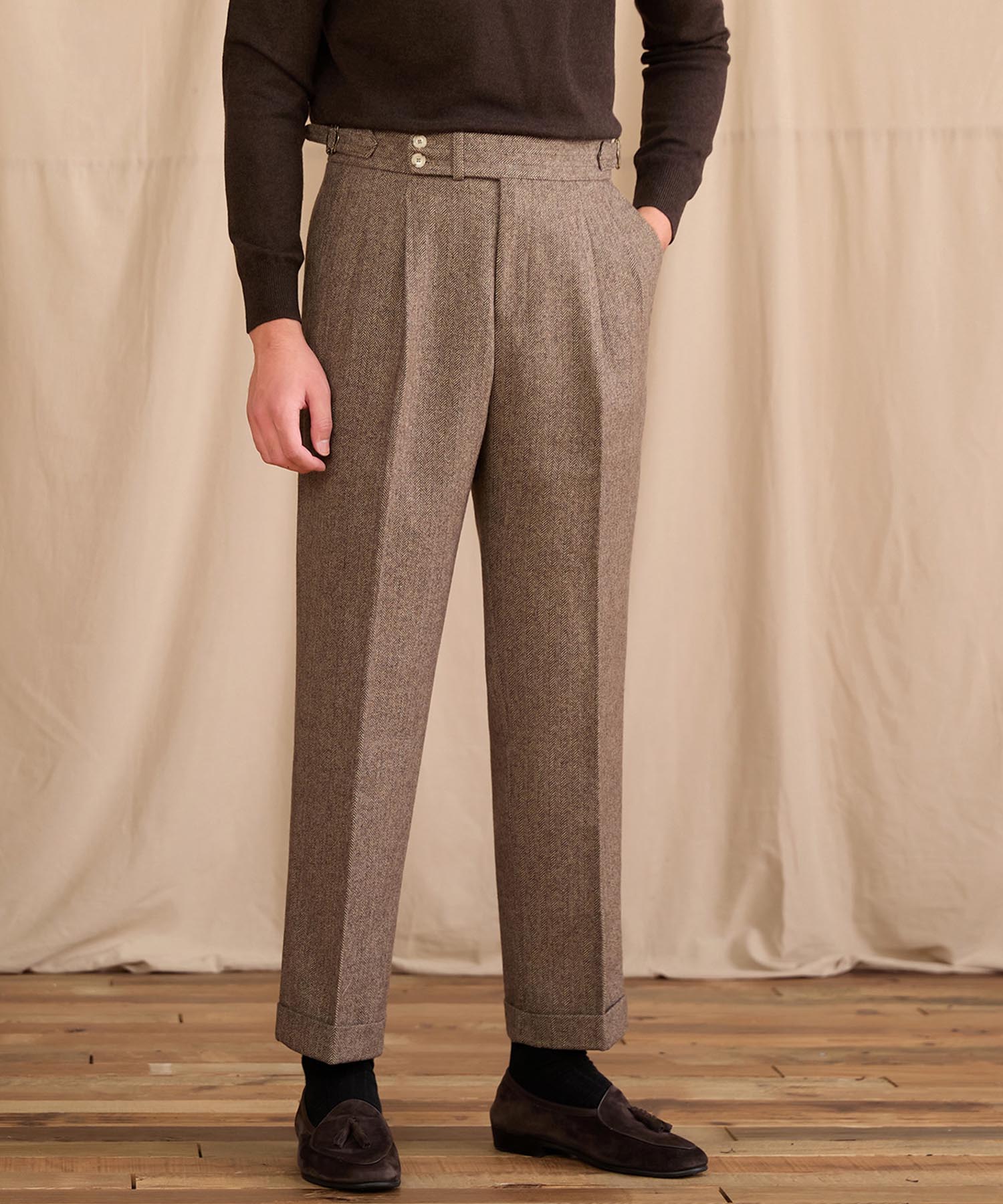 【NEW ITEM】レギュラーフィット 2つボタン ウエストサイドベルト サイズ調整可能 ウール ツータック クリース クラシック シワになりにくい ダブル トラウザー パンツ スラックス ズボン