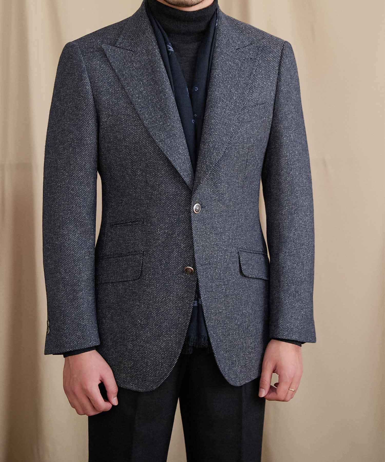 スリムフィット シングルブレスト 2つボタン メランジ調 ピークドラペル フラップポケット チェンジポケット クラシック スタンダード 機能性抜群 シワになりにくい エレガント テーラード ジャケット