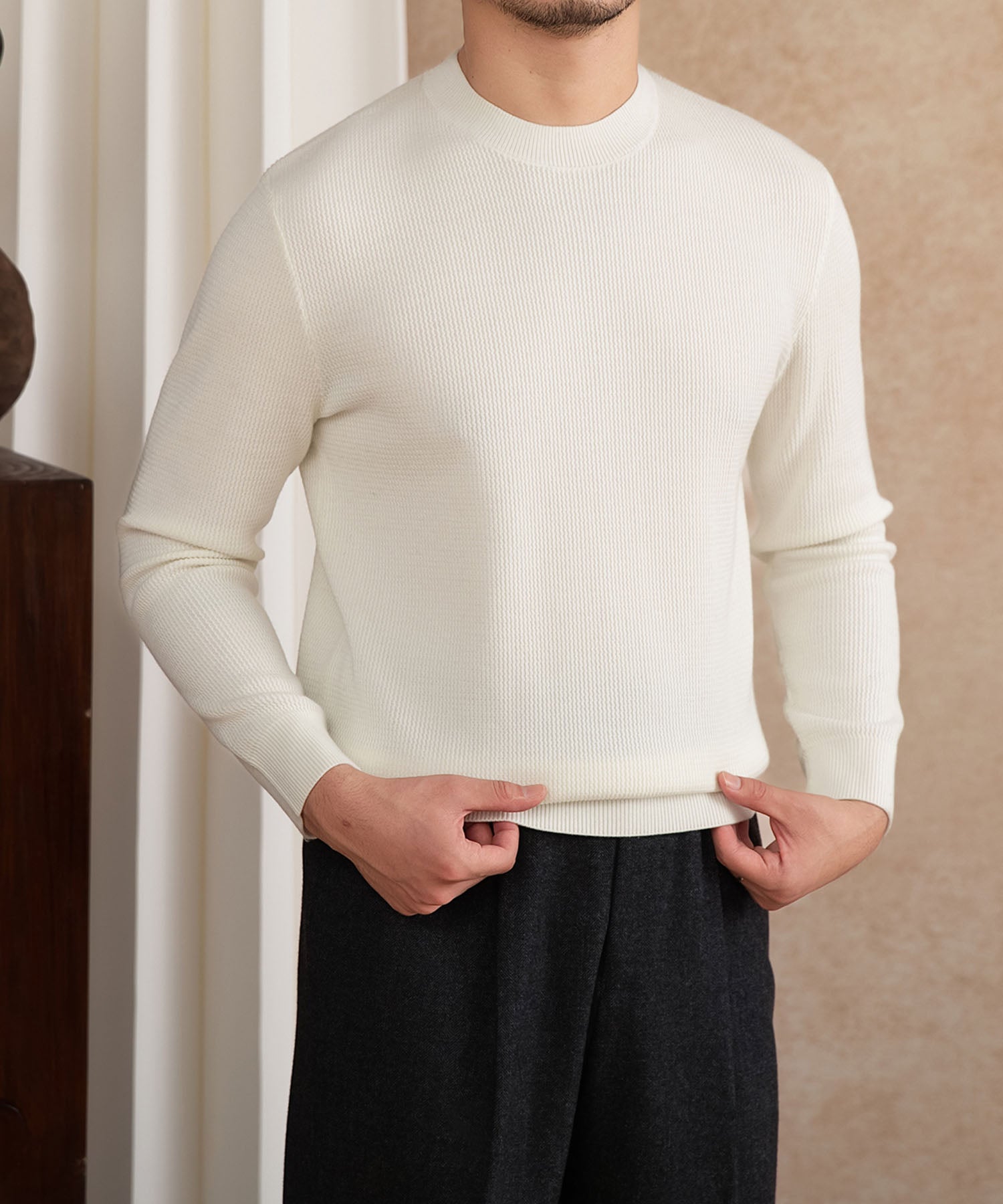 【NEW ITEM】スリムフィット 機能性抜群 ミニマル シワになりにくい 清潔感 トップス ロングスリーブ リブ ニット セーター