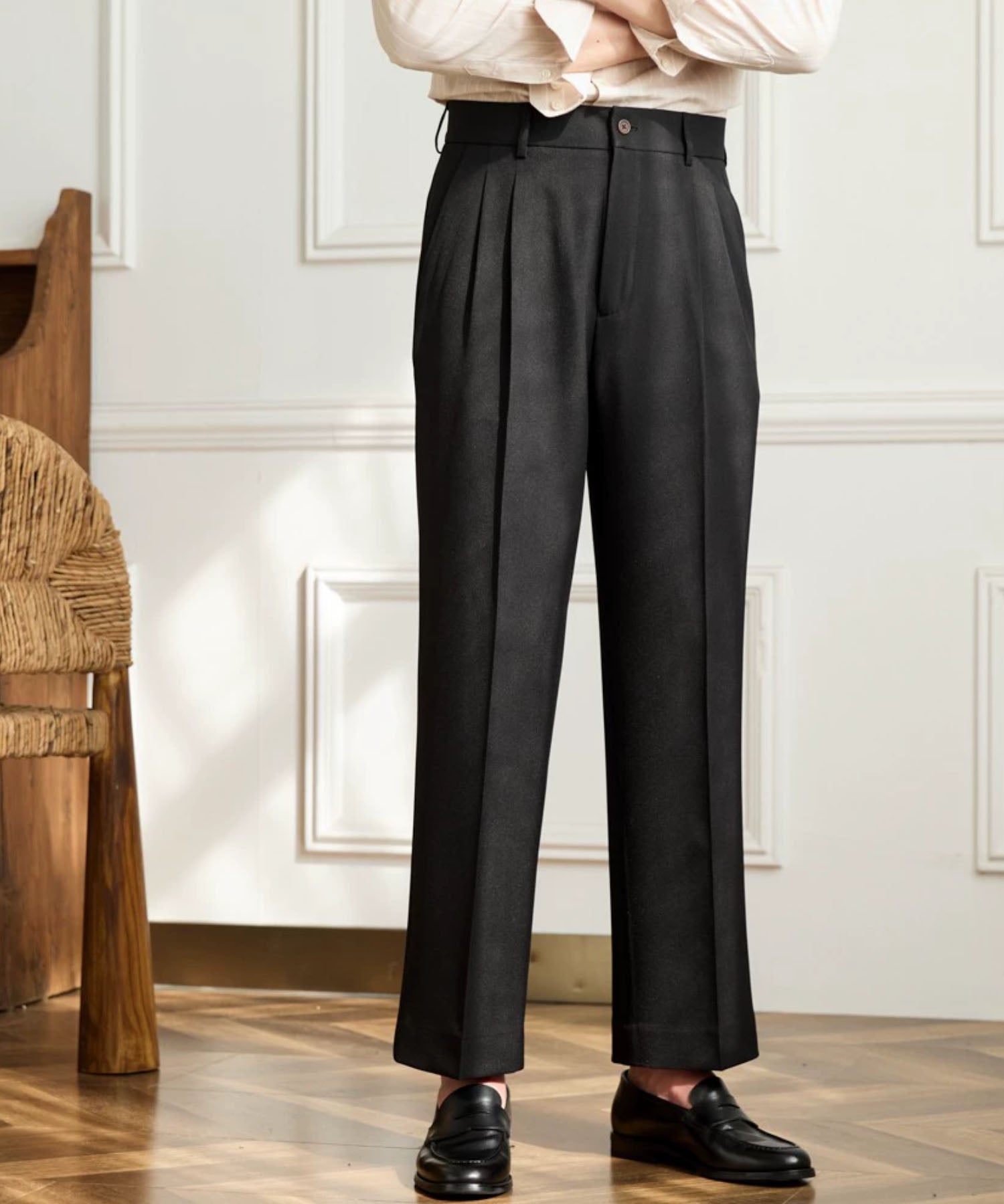 レギュラーフィット 1つボタン ベルトループ クリース メンズ ストレート トラウザー パンツ シワになりにくい エレガント ワイド スラックス ズボン