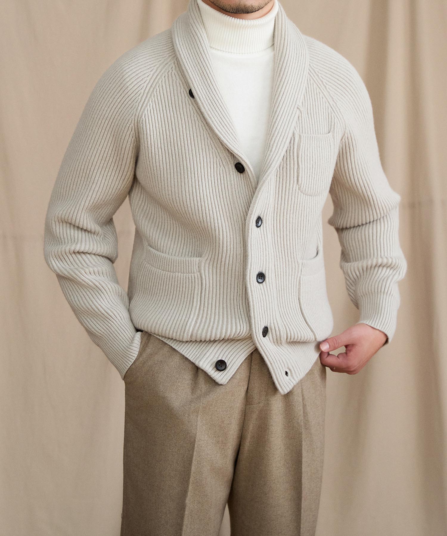 【NEW ITEM】スリムフィット 2WAY 機能性抜群 ウール 天然素材 ショールカラー ローゲージ シワになりにくい 清潔感 トップス リブ ニット セーター