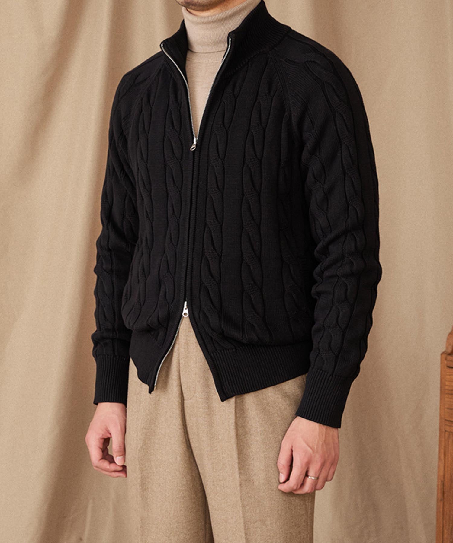 【NEW ITEM】スリムフィット 2WAY 機能性抜群 綿 天然素材 オープン ジップ ケーブル編み シワになりにくい 清潔感 トップス リブ ニット セーター