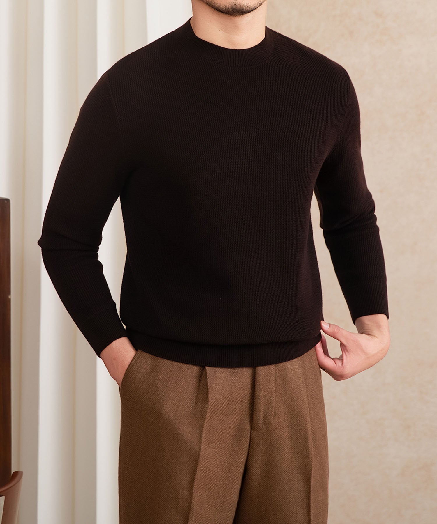 【NEW ITEM】スリムフィット 機能性抜群 ミニマル シワになりにくい 清潔感 トップス ロングスリーブ リブ ニット セーター