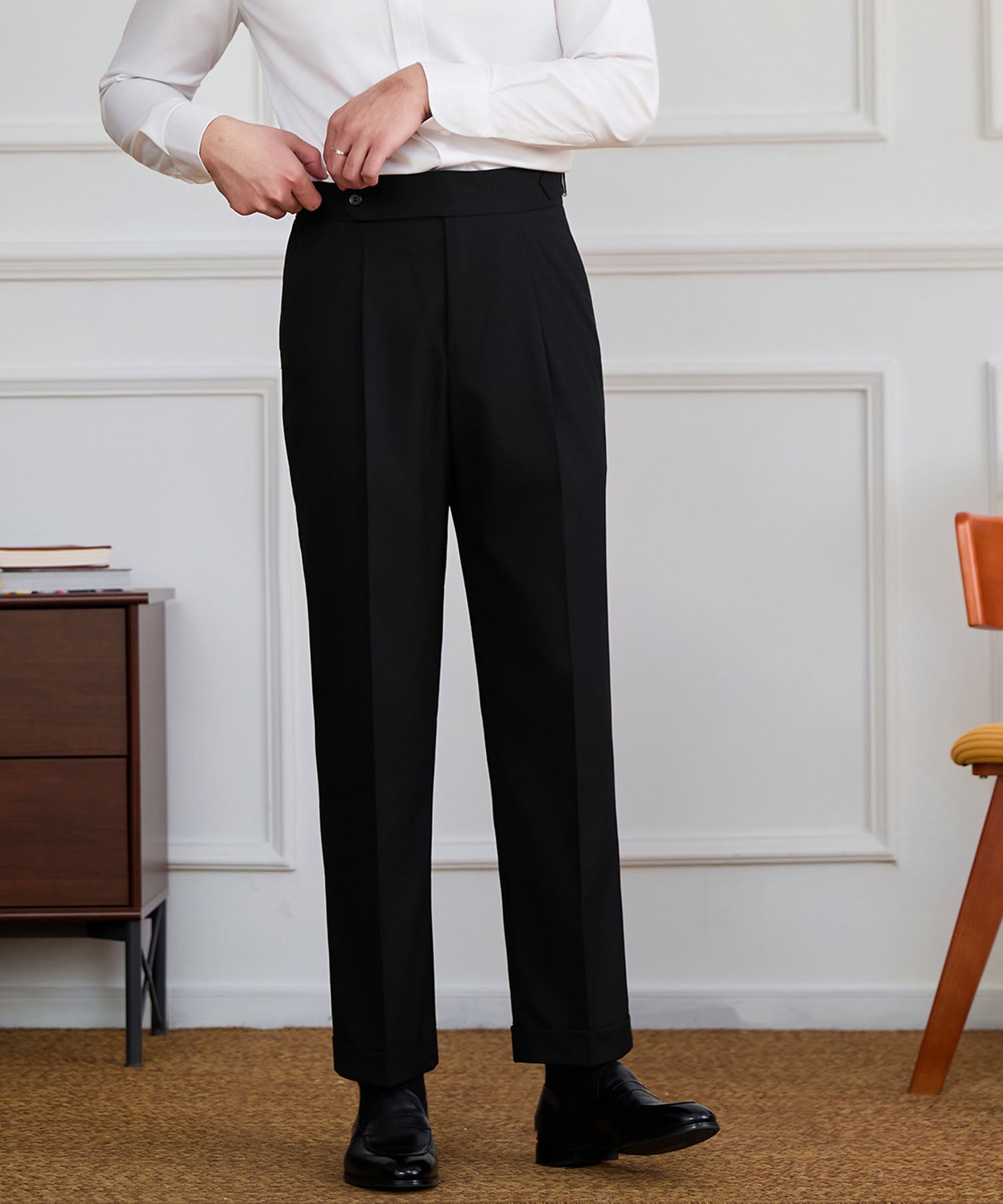 【NEW ITEM】スリムフィット 1つボタン ウエストサイドベルト ベルトレス サイズ調整可能 タック クリース シワになりにくい ダブル トラウザー パンツ スラックス ズボン