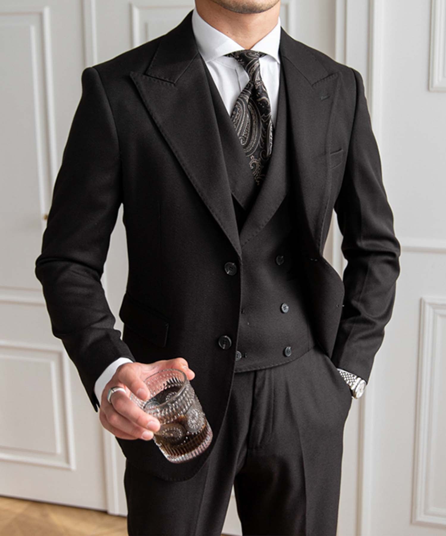 スリムフィット シングルブレスト ピークドラペル ジャケット 2つボタン 無地 フラップポケット 機能性抜群 シワになりにくい ダブルブレスト ベスト エレガント テーラード スリーピース セットアップ