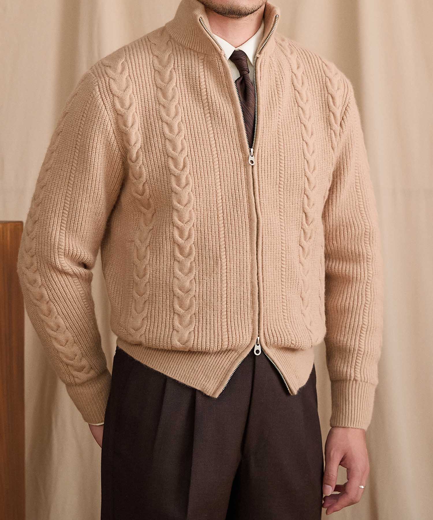 【COMING SOON】スリムフィット 2WAY 機能性抜群 オープン ジップ ケーブル編み シワになりにくい 清潔感 トップス リブ ニット セーター
