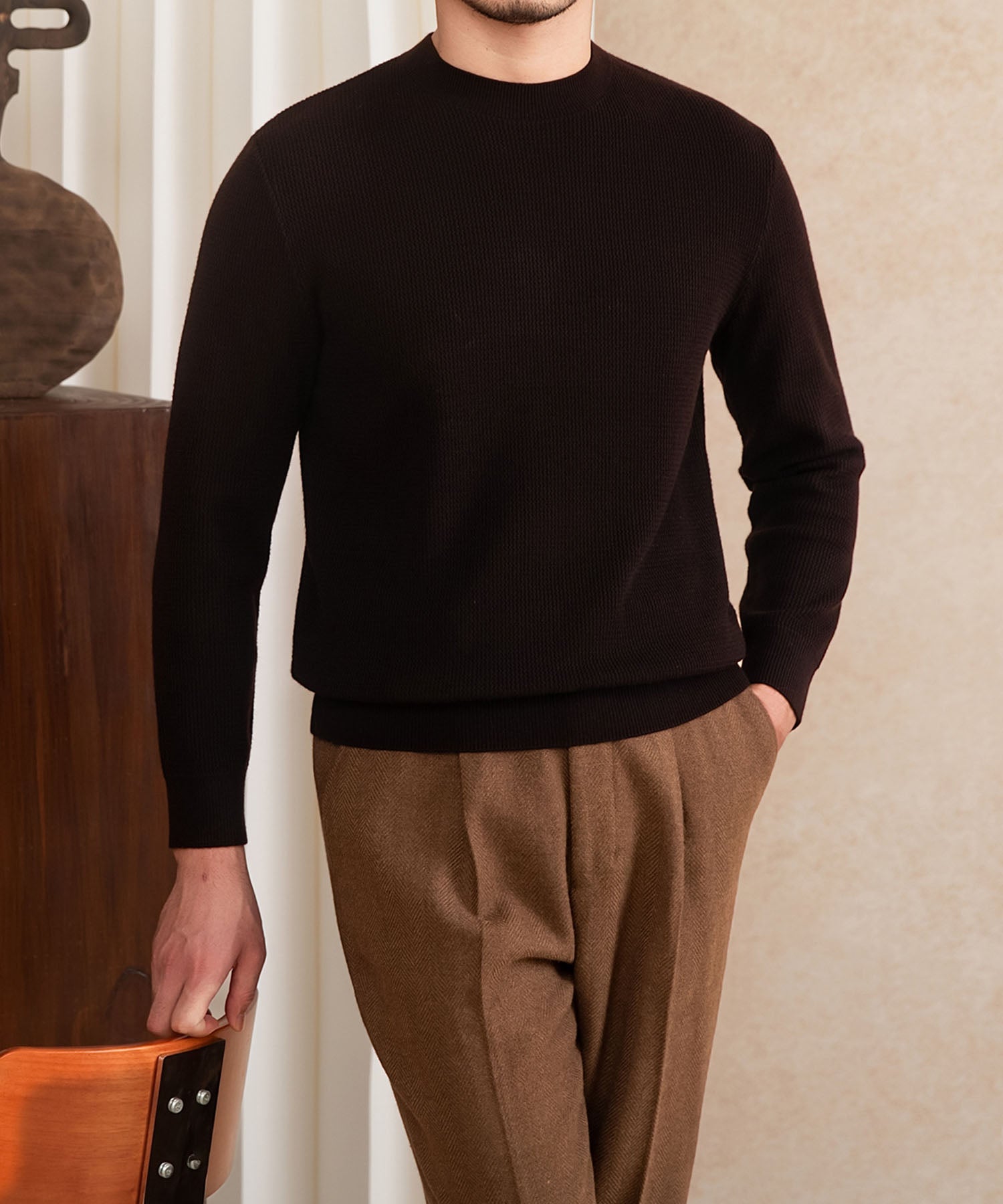 【NEW ITEM】スリムフィット 機能性抜群 ミニマル シワになりにくい 清潔感 トップス ロングスリーブ リブ ニット セーター