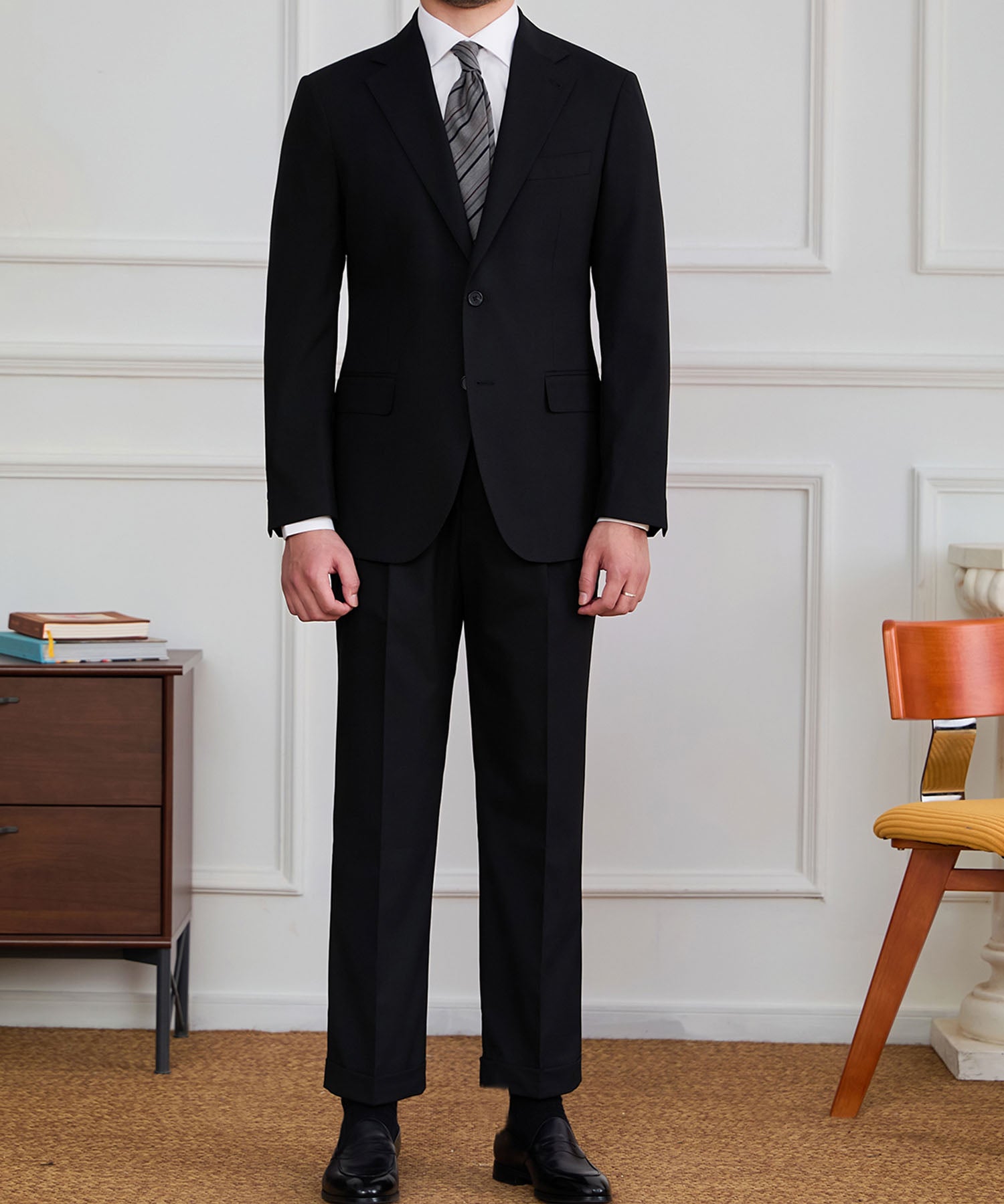 【NEW ITEM】スリムフィット シングルブレスト ノッチドラペル フラップポケット ベーシック スタンダード 機能性抜群 シワになりにくい エレガント セットアップ