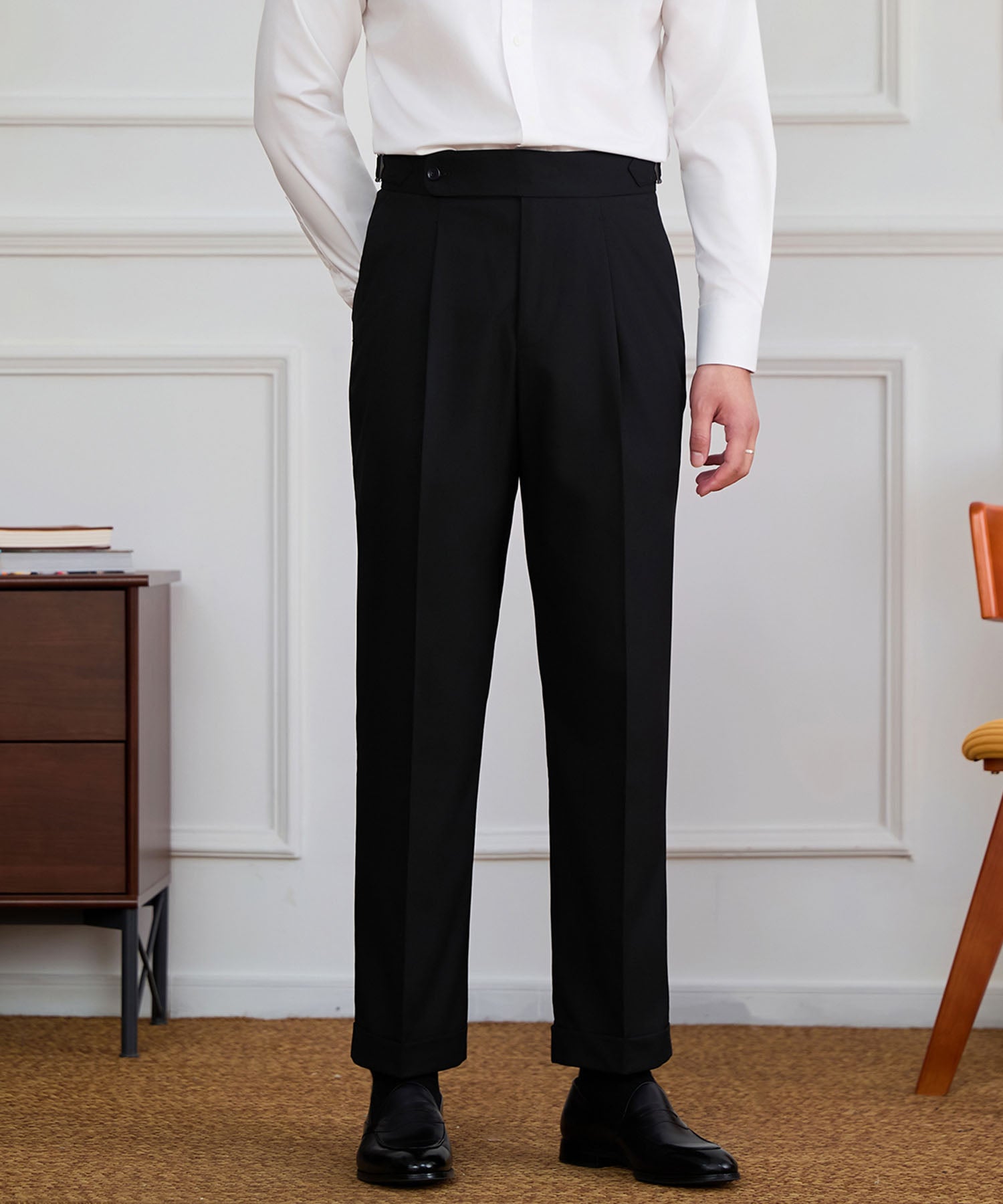 【NEW ITEM】スリムフィット 1つボタン ウエストサイドベルト ベルトレス サイズ調整可能 タック クリース シワになりにくい ダブル トラウザー パンツ スラックス ズボン