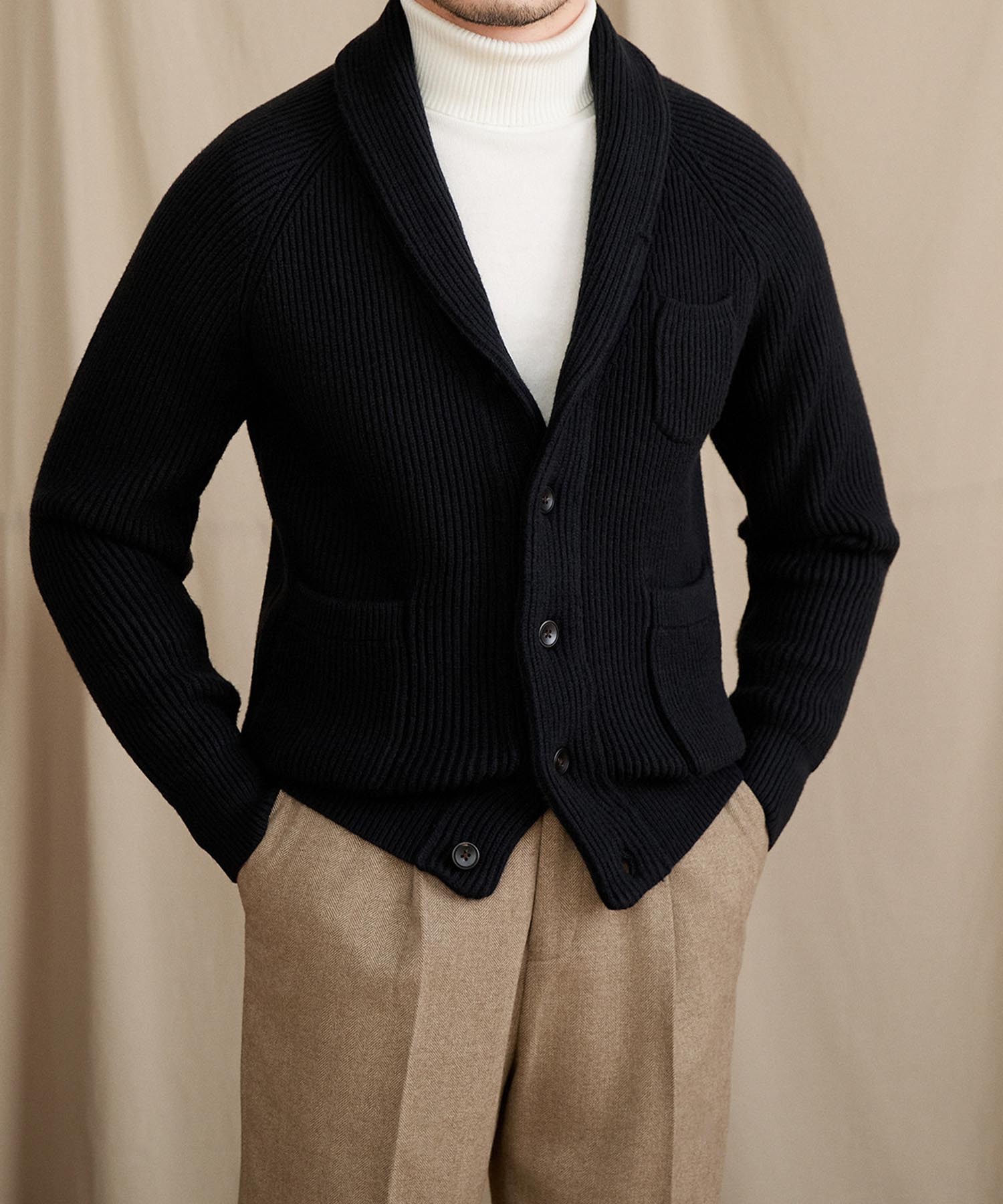 【NEW ITEM】スリムフィット 2WAY 機能性抜群 ウール 天然素材 ショールカラー ローゲージ シワになりにくい 清潔感 トップス リブ ニット セーター