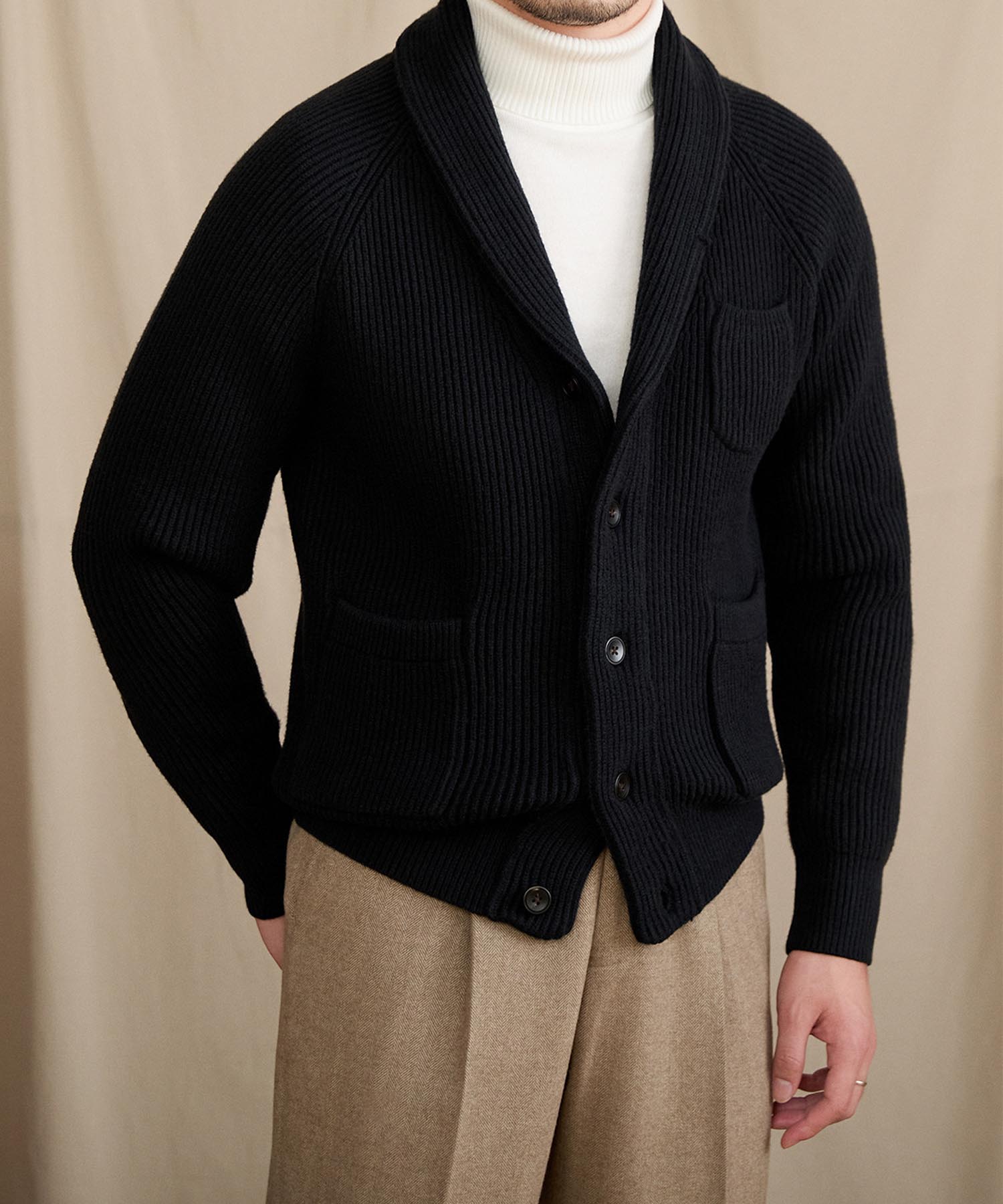 【NEW ITEM】スリムフィット 2WAY 機能性抜群 ウール 天然素材 ショールカラー ローゲージ シワになりにくい 清潔感 トップス リブ ニット セーター