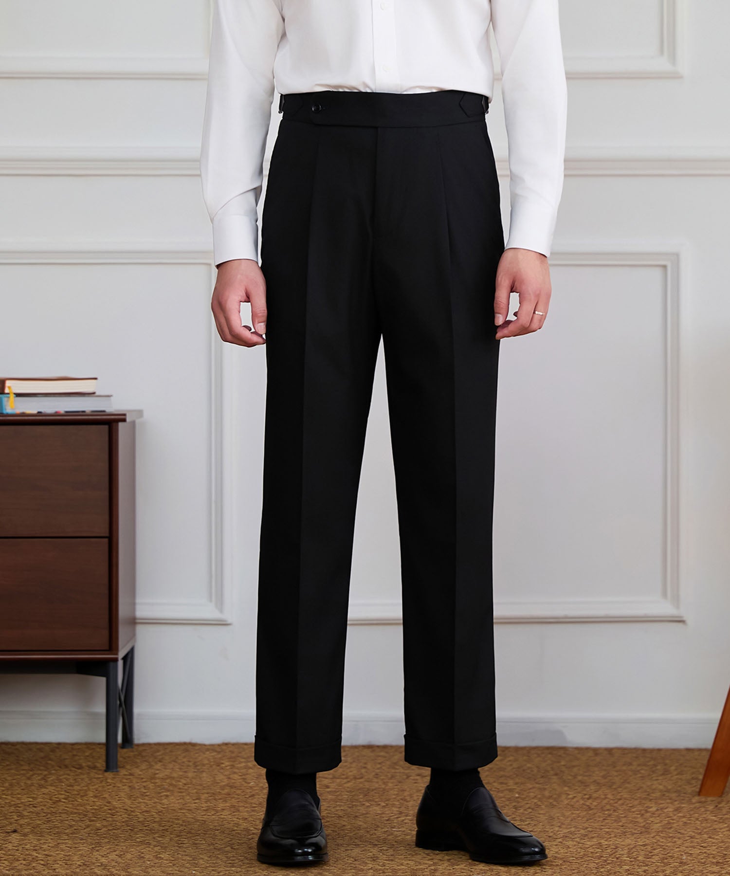 【NEW ITEM】スリムフィット 1つボタン ウエストサイドベルト ベルトレス サイズ調整可能 タック クリース シワになりにくい ダブル トラウザー パンツ スラックス ズボン