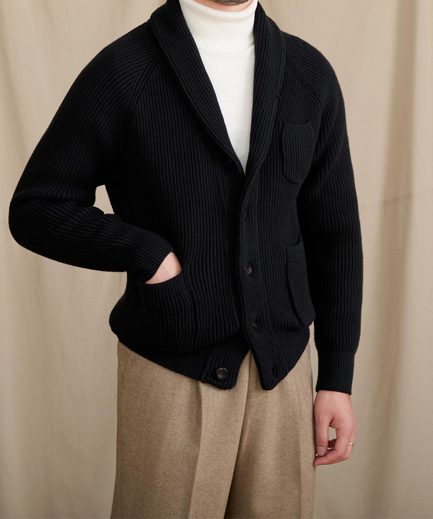 【NEW ITEM】スリムフィット 2WAY 機能性抜群 ウール 天然素材 ショールカラー ローゲージ シワになりにくい 清潔感 トップス リブ ニット セーター