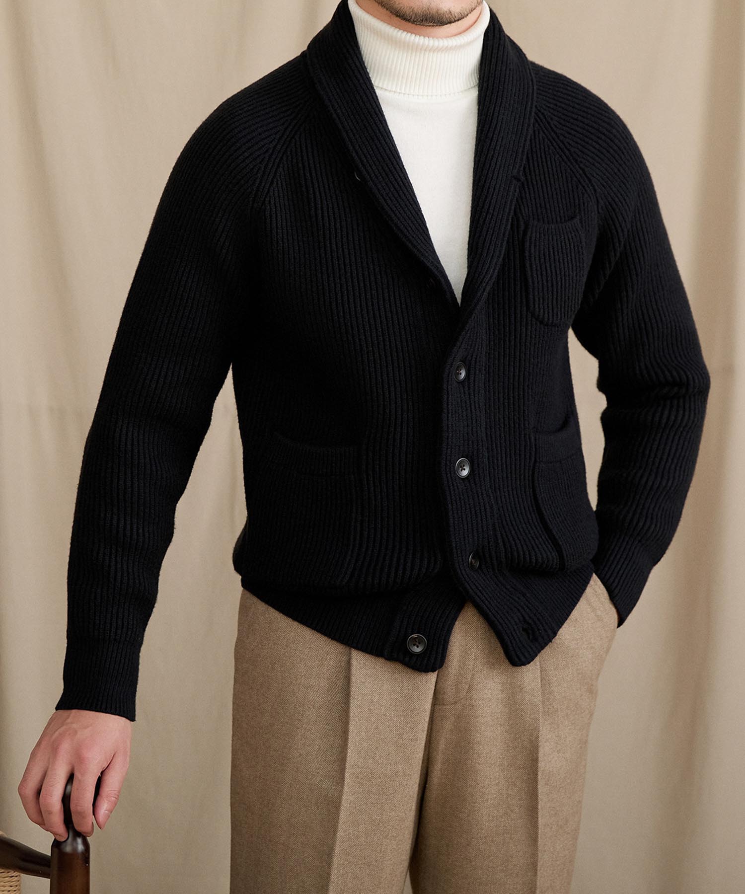 【NEW ITEM】スリムフィット 2WAY 機能性抜群 ウール 天然素材 ショールカラー ローゲージ シワになりにくい 清潔感 トップス リブ ニット セーター