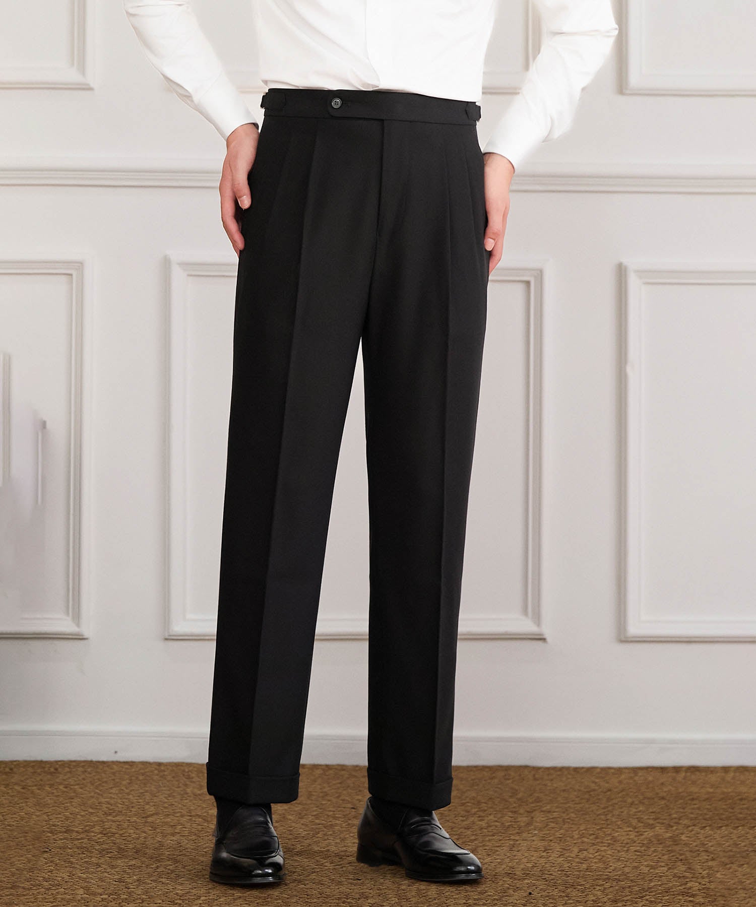 【NEW ITEM】スリムフィット 1つボタン ウエストサイドベルト サイズ調整可能 ウール 異素材 クラシック ツータック クリース シワになりにくい ダブル トラウザー パンツ スラックス ズボン