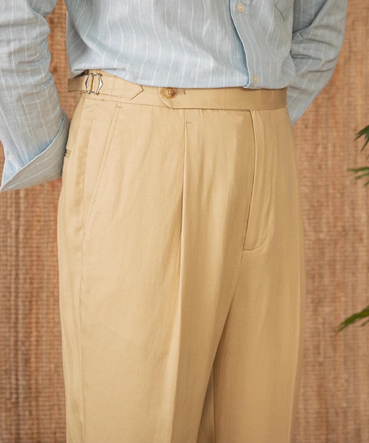 【NEW ITEM】レギュラーフィット 1つボタン ウエストサイドベルト サイズ調整可能 ストレート トラウザー パンツ シワになりにくい クラシック 麻 ダブル スラックス ズボン