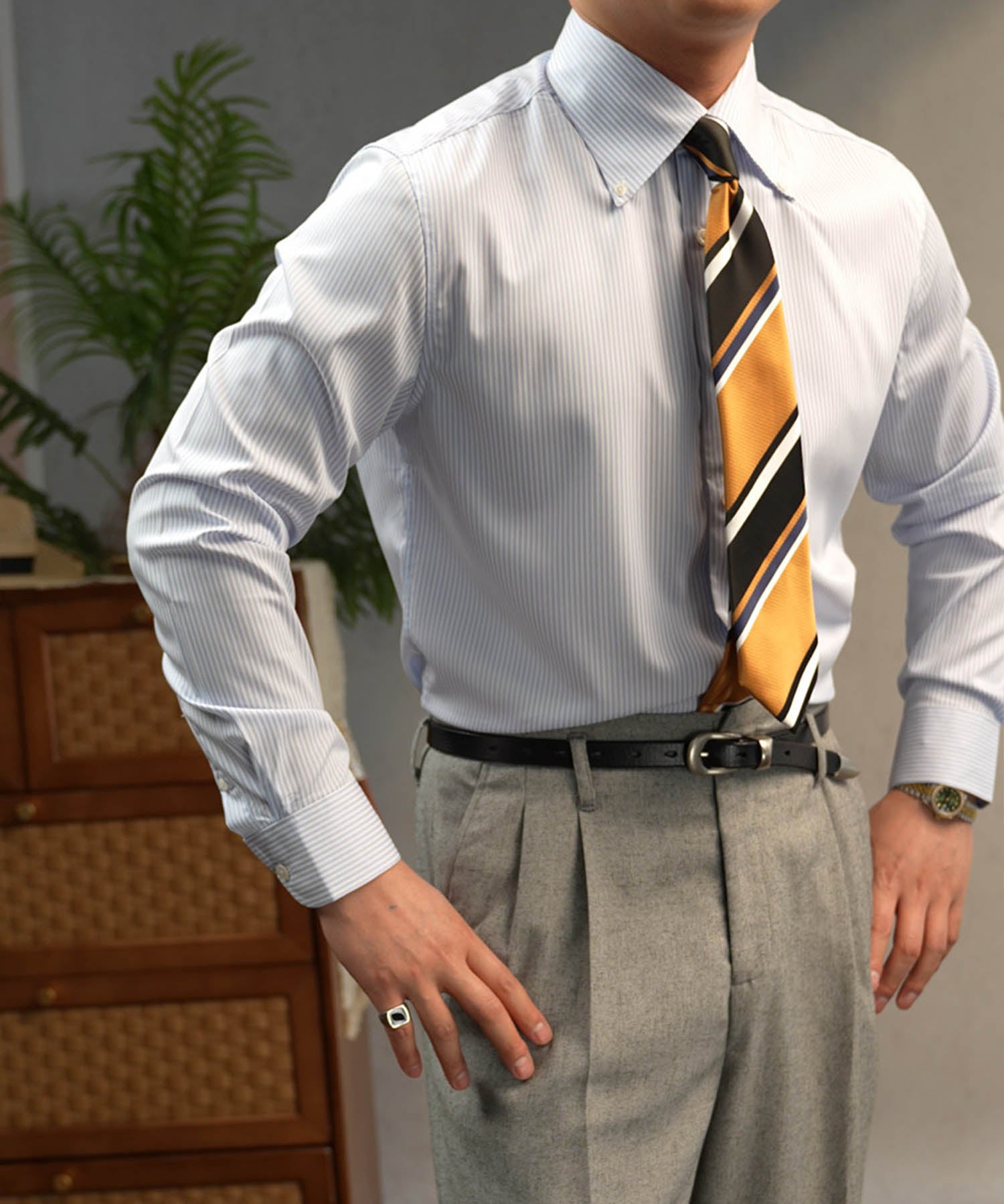 【NEW ITEM】スリムフィット ボタンダウン ストライプ 機能性抜群 シワになりにくい 清潔感 ロングスリーブ ミニマル エレガンス ベーシック シャツ