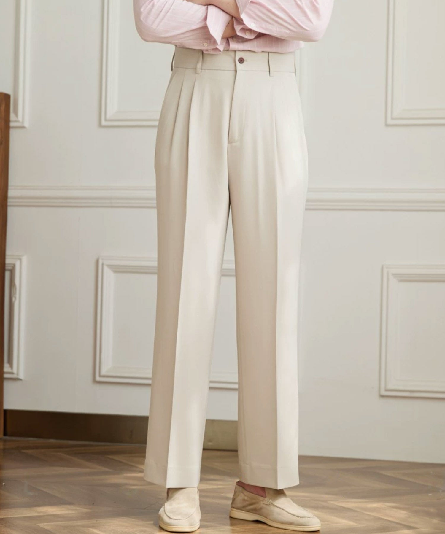 レギュラーフィット 1つボタン ベルトループ クリース メンズ ストレート トラウザー パンツ シワになりにくい エレガント ワイド スラックス ズボン