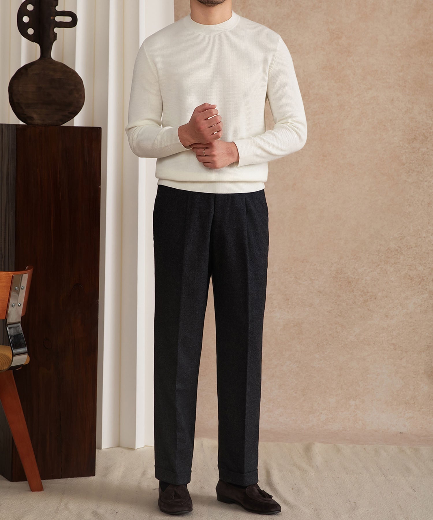 【NEW ITEM】スリムフィット 機能性抜群 ミニマル シワになりにくい 清潔感 トップス ロングスリーブ リブ ニット セーター