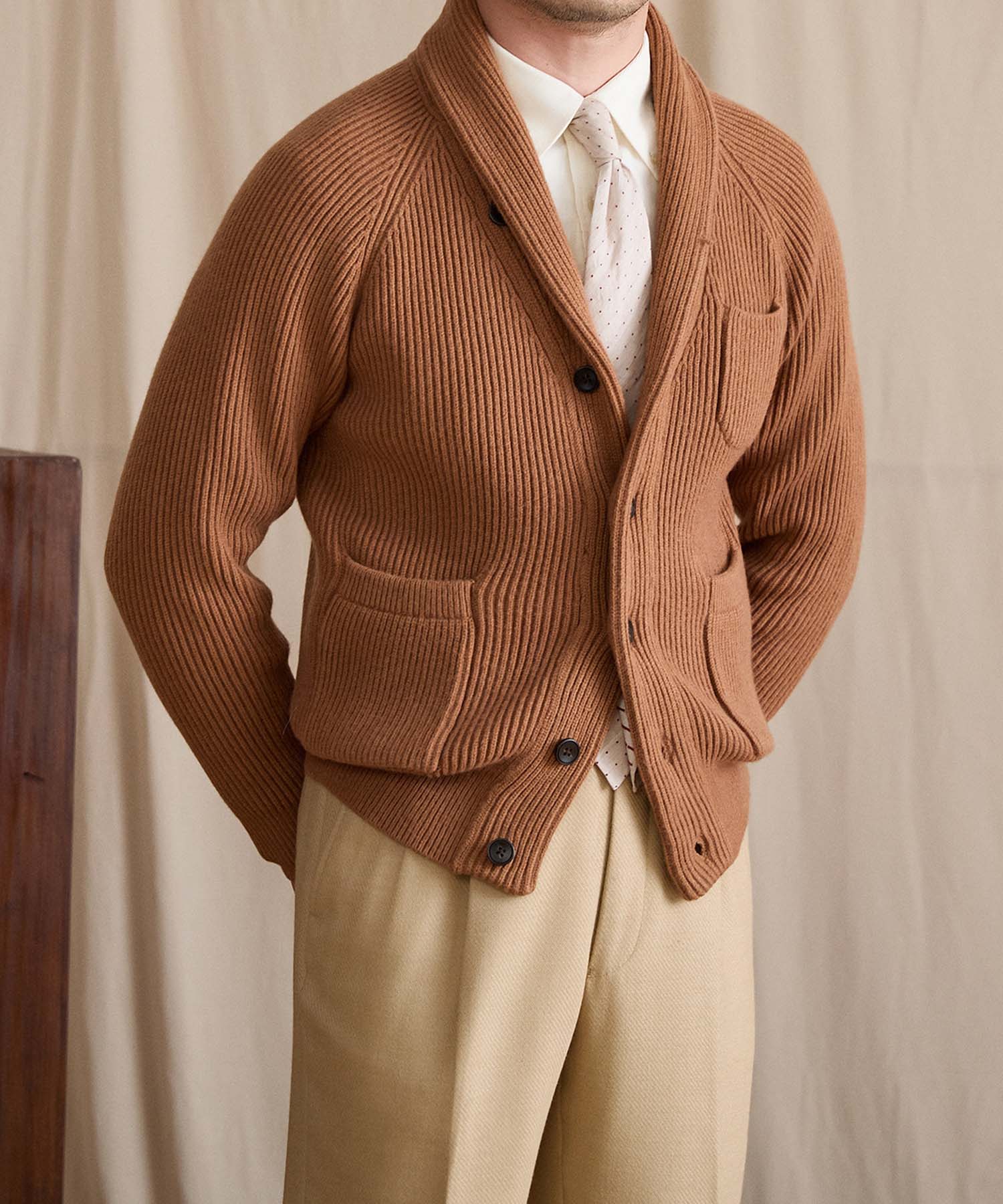 【NEW ITEM】スリムフィット 2WAY 機能性抜群 ウール 天然素材 ショールカラー ローゲージ シワになりにくい 清潔感 トップス リブ ニット セーター