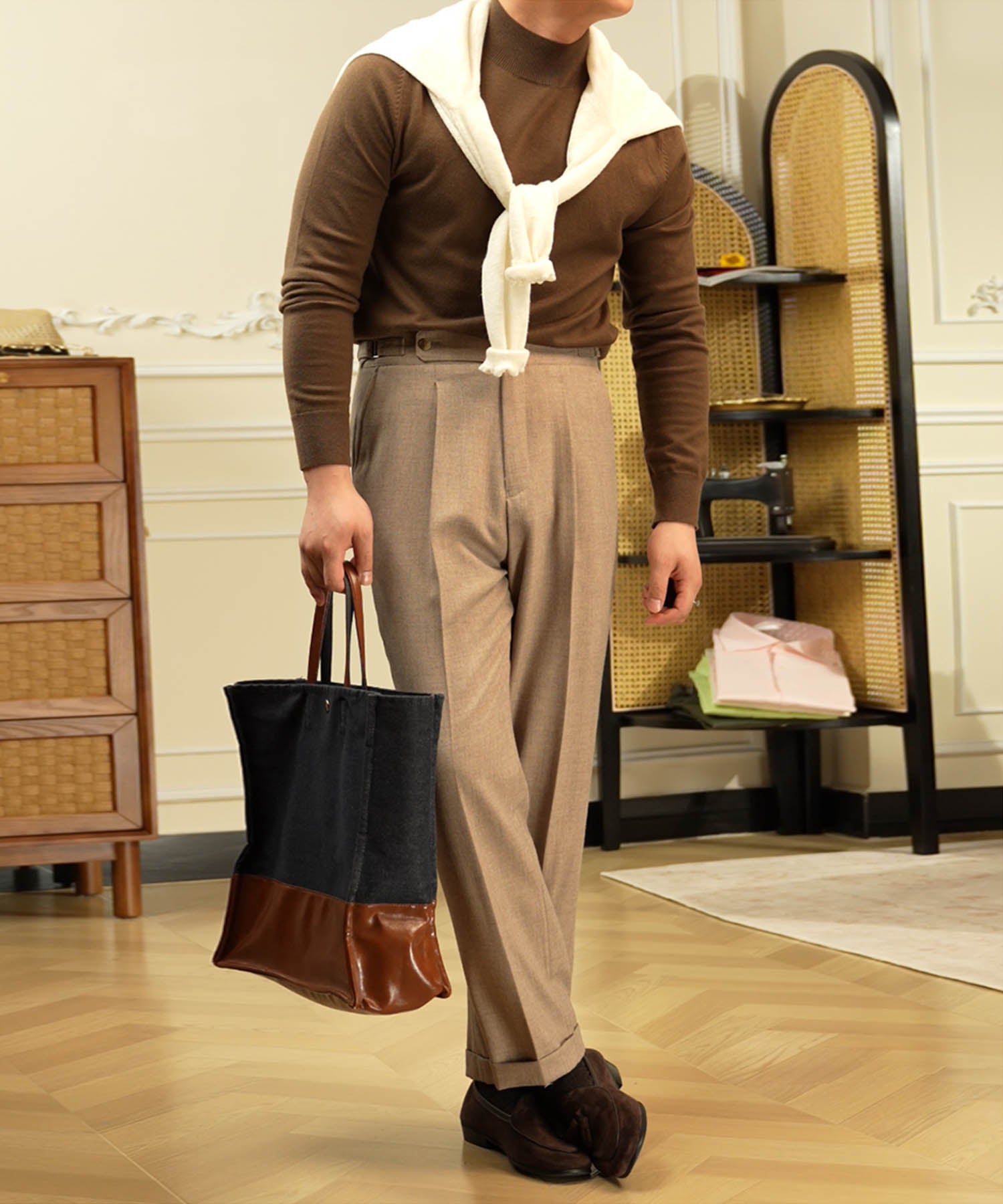 レギュラーフィット 1つボタン ウエストサイドベルト アジャスター サイズ調整可能 タック クリース シワになりにくい エレガント ストレート ダブル トラウザー パンツ スラックス ズボン