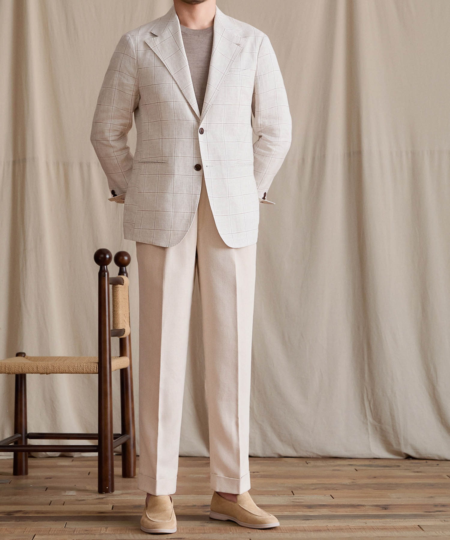 【NEW ITEM】スリムフィット シングルブレスト 2つボタン リネン 天然素材 チェック 柄 ピークドラペル 玉縁ポケット スタンダード 機能性抜群 シワになりにくい エレガント テーラード ジャケット