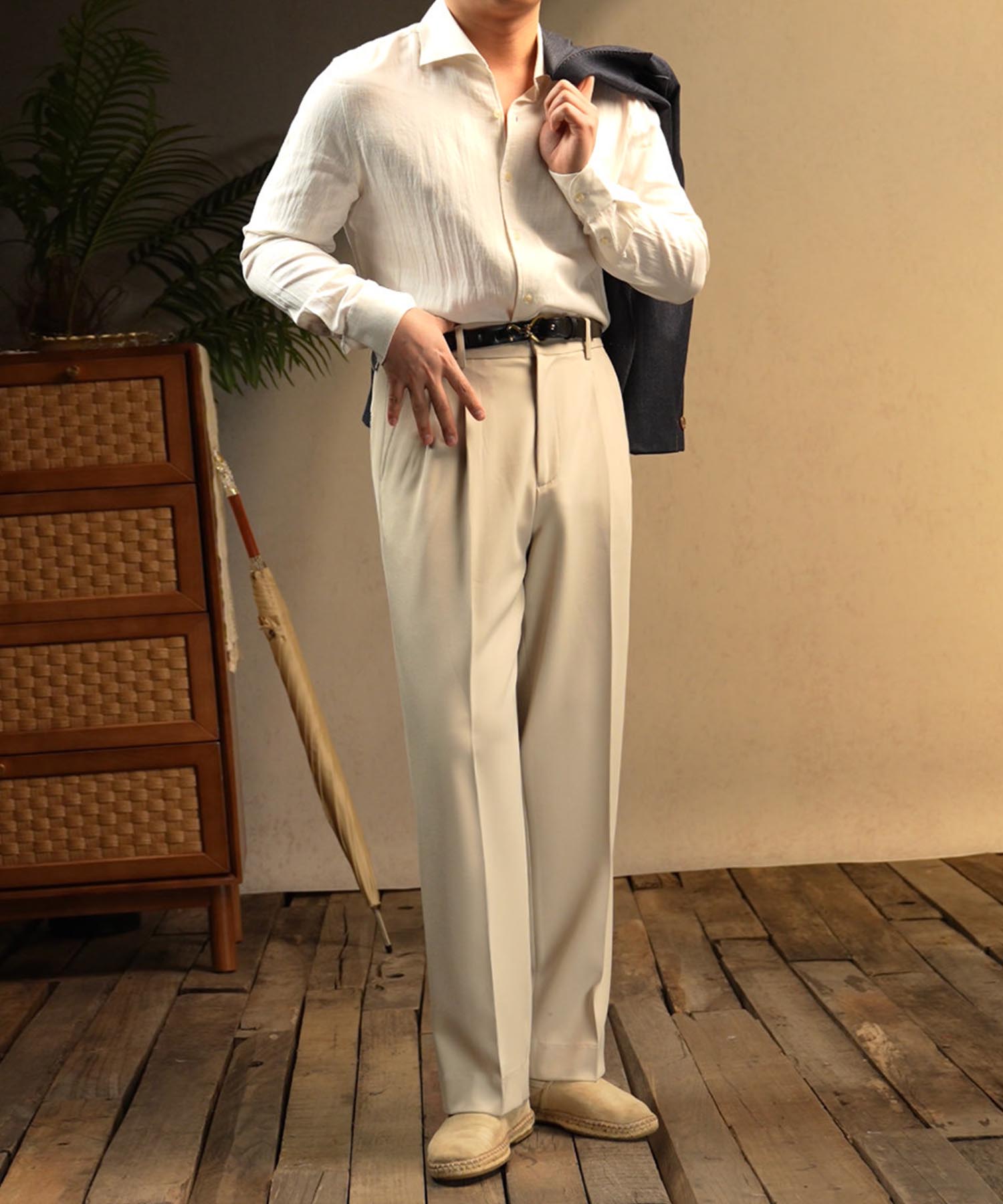 【NEW ITEM】スリムフィット 無地 リネン 異素材ミックス 機能性抜群 シワになりにくい 清潔感 ロングスリーブ ミニマル エレガント スマート シャツ