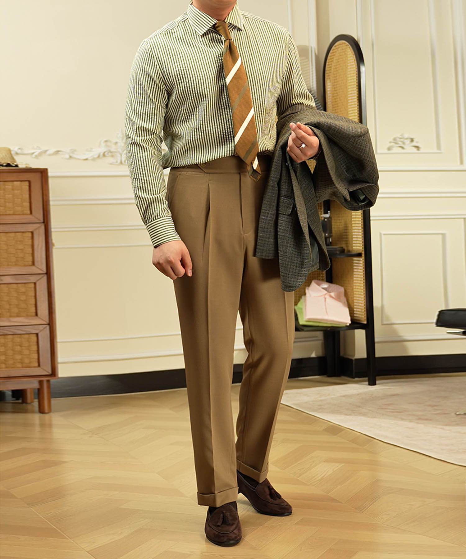 スリムフィット 1つボタン ウエストサイドベルト アジャスター サイズ調整可能 タック クリース シワになりにくい クラシック エレガンス ダブル トラウザー パンツ スラックス ズボン