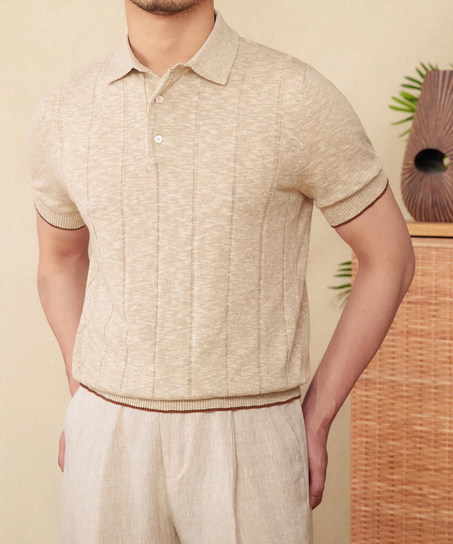 スリムフィット 機能性抜群 ストライプ 綿 麻 アクセントカラー 通気性抜群 シワになりにくい 清潔感 トップス リブ サマーニット ポロシャツ