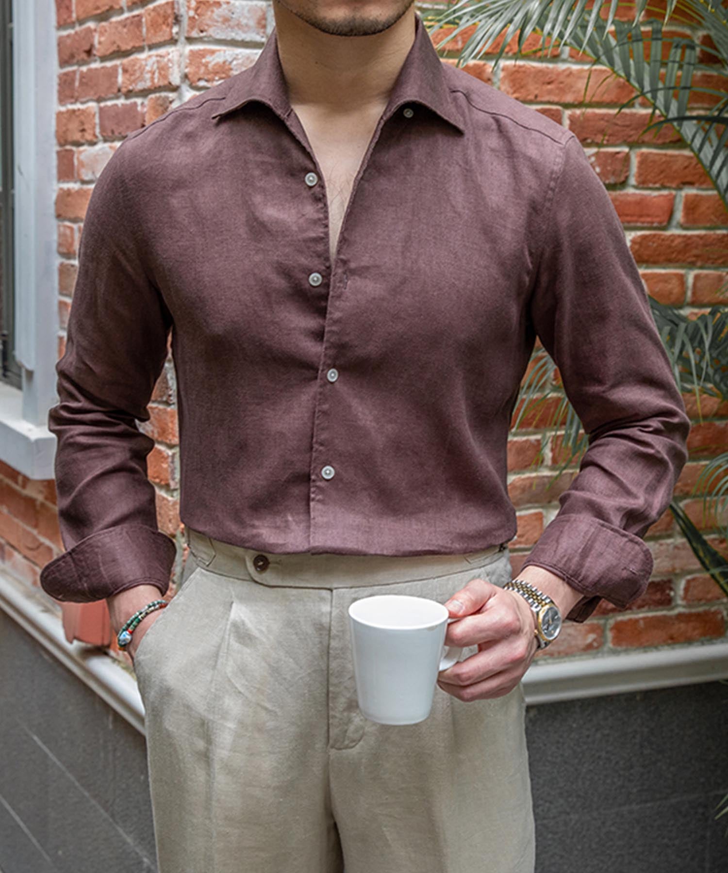 【ドラマ着用】スリムフィット 機能性抜群 通気性抜群 シワになりにくい 麻 清潔感 清涼感 隠しボタンダウン ナチュラル ロングスリーブ シャツ