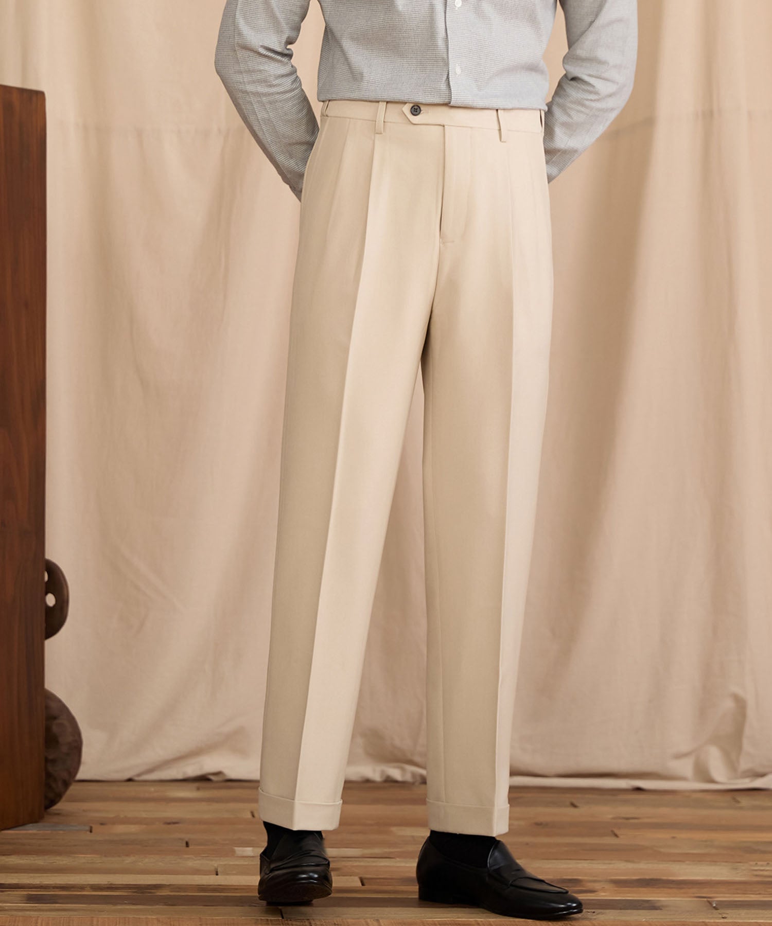 【NEW ITEM】レギュラーフィット 1つボタン ツータック クリース シワになりにくい モダン クラシック ダブル トラウザー パンツ スラックス ズボン