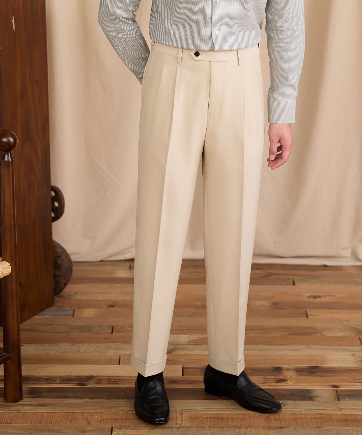 【NEW ITEM】レギュラーフィット 1つボタン ツータック クリース シワになりにくい モダン クラシック ダブル トラウザー パンツ スラックス ズボン
