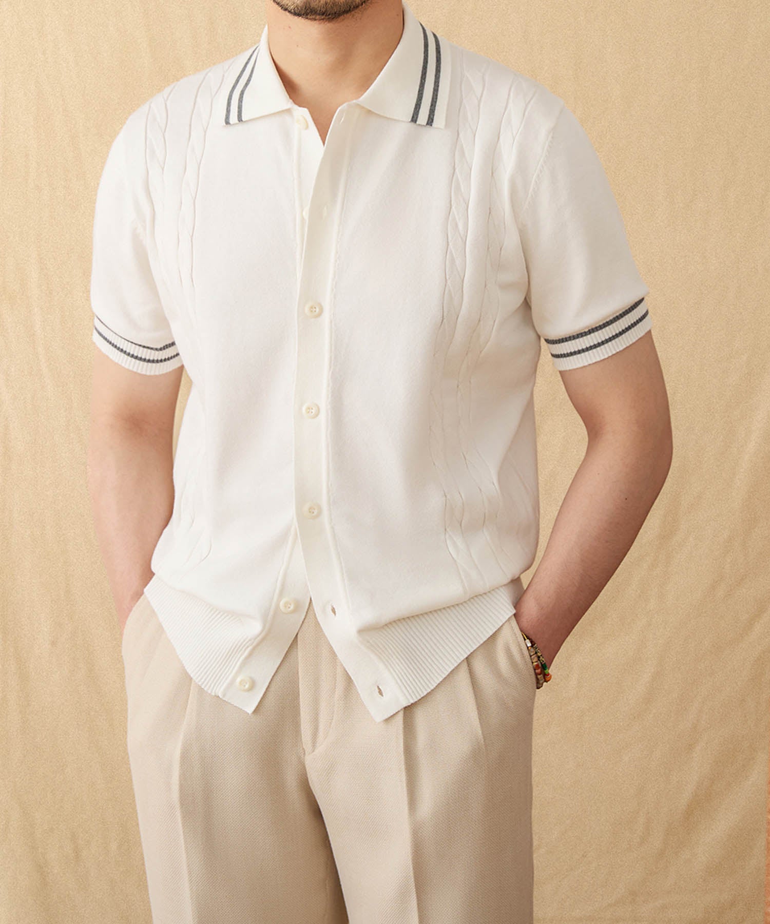 【ドラマ着用】スリムフィット 機能性抜群 綿 通気性抜群 シワになりにくい 清潔感 清涼感 エレガンス サマーニット トップス シャツ