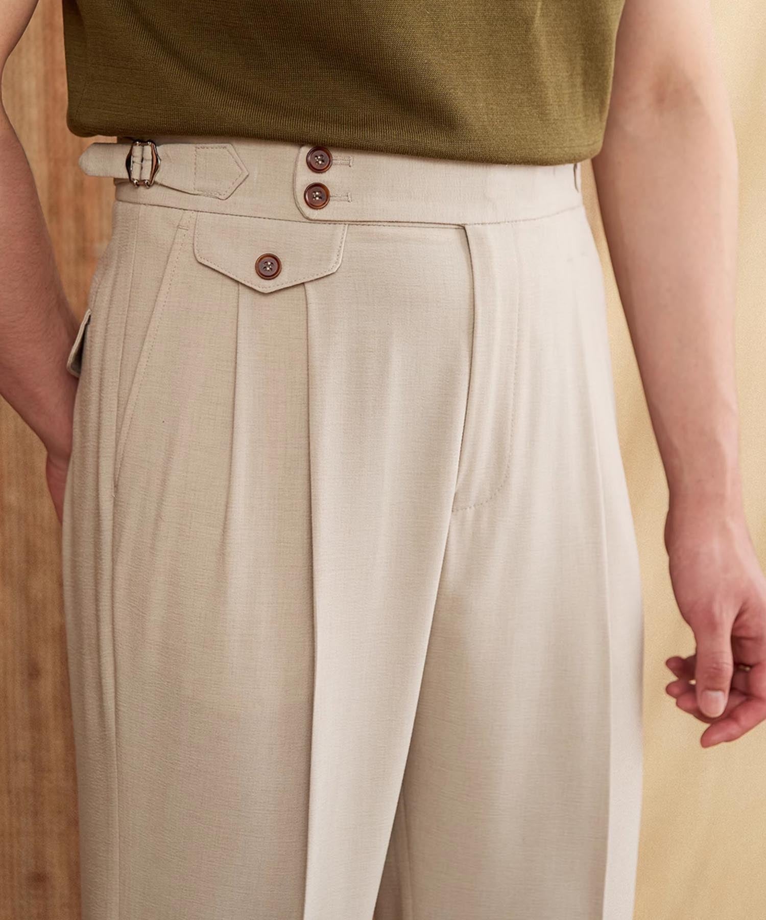 スリムフィット 3つボタン ウエストサイドベルト 尾錠 フロントベース型ポケット サイズ調整可能 ツータック クリース シワになりにくい ダブル トラウザー パンツ スラックス ズボン