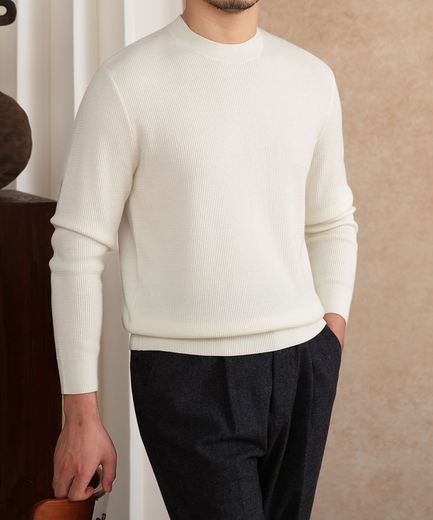 【NEW ITEM】スリムフィット 機能性抜群 ミニマル シワになりにくい 清潔感 トップス ロングスリーブ リブ ニット セーター