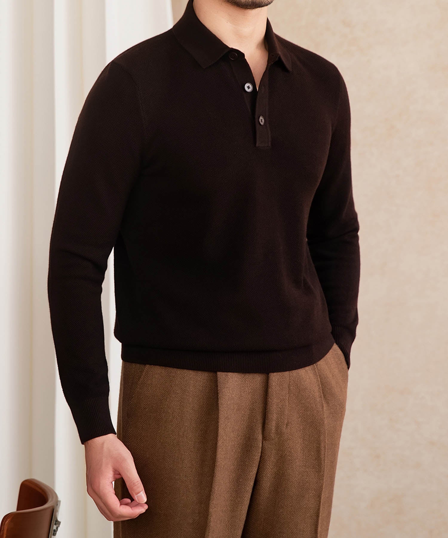 【COMING SOON】スリムフィット 機能性抜群 襟付き ミニマル シワになりにくい トップス ロングスリーブ ポロ リブ ニット セーター